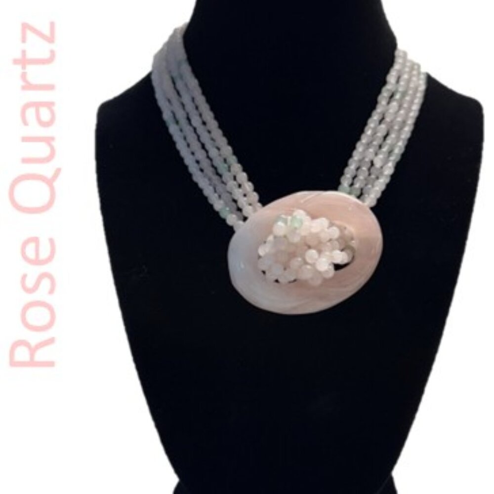 Beautiful Rose Quartz Donut with 4 Strand Bead Choker